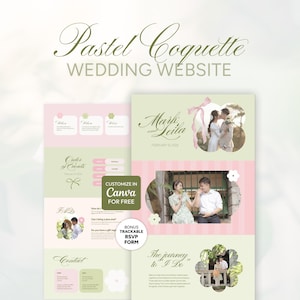 May include: A wedding website template with a pastel color scheme. The design includes sections for the order of events, FAQs, and contact information. The website features photos of a couple and the text "Pastel Coquette WEDDING WEBSITE". It also says "Customize in Canva for Free".