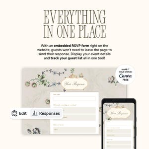 May include: A digital wedding RSVP form with the text "Everything in One Place." The form is displayed on a computer screen and a smartphone, with a floral design and the words "Your Response."