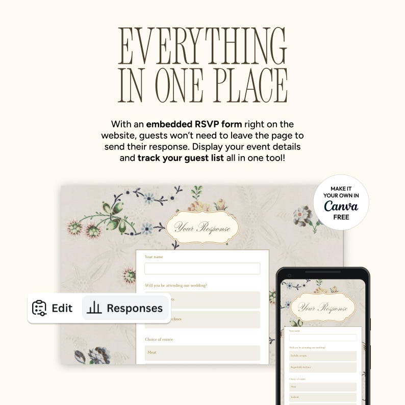 May include: A digital wedding RSVP form with the text "Everything in One Place." The form is displayed on a computer screen and a smartphone, with a floral design and the words "Your Response."