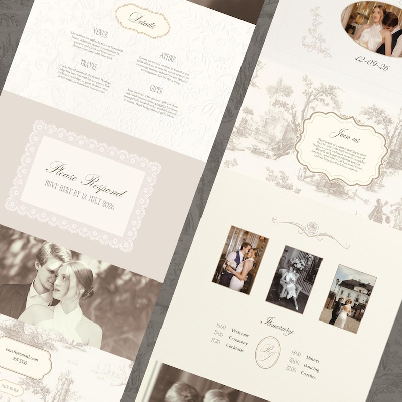 May include: Wedding invitation with sepia-toned photos and decorative elements. The invitation includes details, RSVP information, and an itinerary. The design features a vintage aesthetic with floral accents and elegant typography.