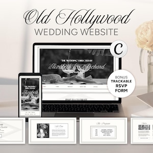May include: A black and white wedding website design displayed on a laptop and smartphone, with additional printed cards. The website features the text "Old Hollywood WEDDING WEBSITE" and "Elizabeth & Richard". Includes a bonus trackable RSVP form.