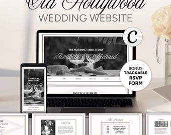 May include: A black and white wedding website design displayed on a laptop and smartphone, with additional printed cards. The website features the text "Old Hollywood WEDDING WEBSITE" and "Elizabeth & Richard". Includes a bonus trackable RSVP form.