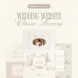 May include: A customizable wedding website template with a classic, luxury design. The design features a photo of a couple, floral accents, and the names "Ruby & James" with the date "12-09-26". The template includes sections for details, travel, and RSVP.