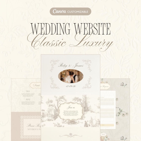 Classic Luxury Wedding Website Template: Vintage Old Money Canva Design