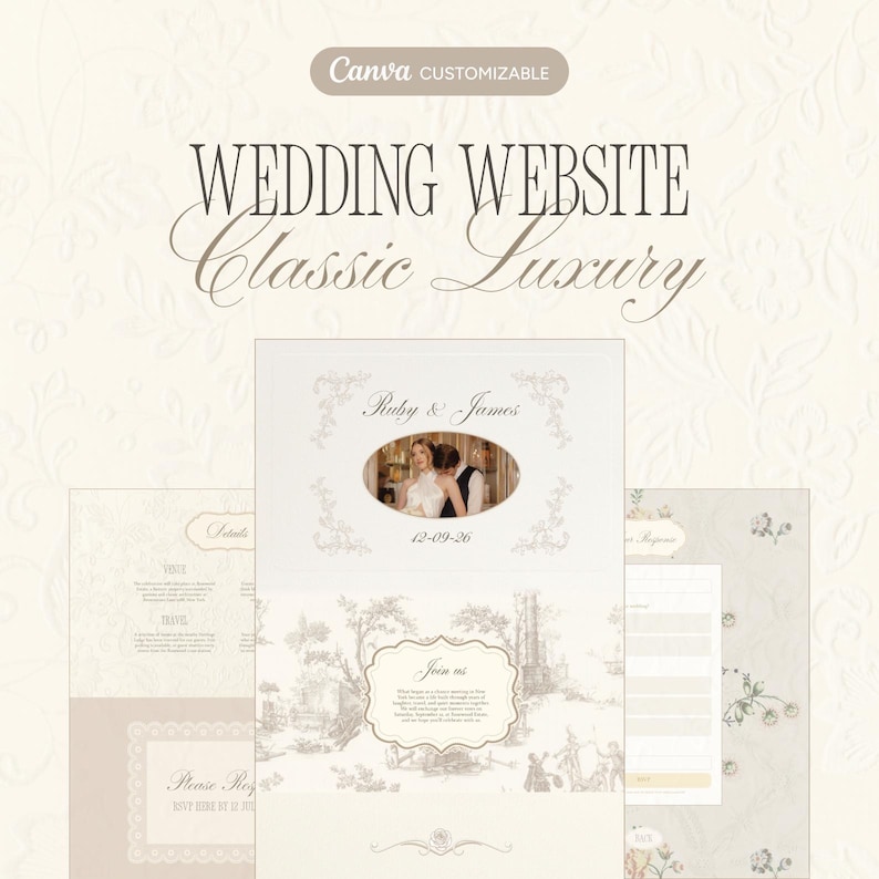 May include: A customizable wedding website template with a classic, luxury design. The design features a photo of a couple, floral accents, and the names "Ruby & James" with the date "12-09-26". The template includes sections for details, travel, and RSVP.