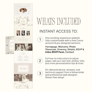 May include: A wedding website template with a cream and beige color scheme. The design includes sample photos, text, and the words "What's Included" and "Instant Access To:" The template offers customization options and support.