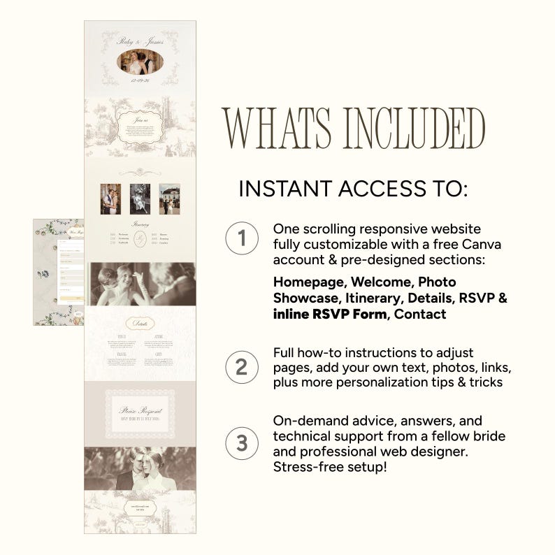 May include: A wedding website template with a cream and beige color scheme. The design includes sample photos, text, and the words "What's Included" and "Instant Access To:" The template offers customization options and support.