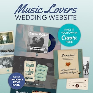 May include: A wedding website design with a music theme. The design includes album art, ticket stubs, and a bonus RSVP form. The text includes "Music Lovers WEDDING WEBSITE", "Emma & Jack", and "Soundcheck".