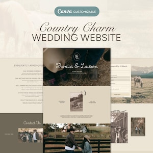 Puede incluir: Una plantilla de sitio web de bodas personalizable con un tema de encanto campestre. El diseño presenta una paleta de colores neutros, con el texto "Country Charm WEDDING WEBSITE". El sitio web incluye secciones para preguntas frecuentes e información de contacto.