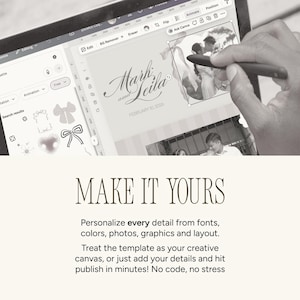 May include: A tablet displays a wedding invitation design with the names "Mark and Leila" and the date "February 10, 2026." A hand uses a stylus to edit the design. The text "MAKE IT YOURS" is below the tablet, with additional text about customization.