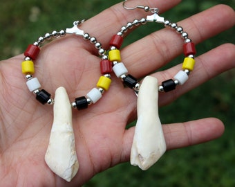 Four Directions Earrings - Buffalo Tooth Earrings - Tatanka - Silver Hoop Earrings - Large Hoops - Beaded Hoops - Two Feathers Jewelry