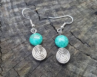 Turquoise Earrings - Spiral Earrings - Turquoise And Spirals - Silver Spirals - Native American Petroglyph Symbol - Two Feathers Jewelry