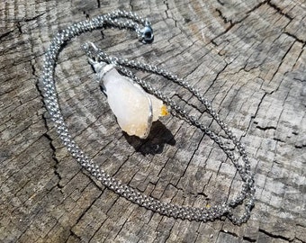 Raw Citrine Necklace - November Birthstone Necklace - 13th or 17th Anniversary - Stainless Steel Chain - Two Feathers Jewelry