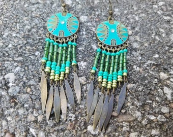 Turquoise And Brass Boho Style Earrings - Tribal Shield Earrings - Beaded Fringe Earrings - Two Feathers Jewelry