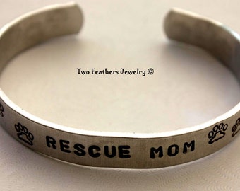 RESCUE MOM Paw Print Bracelet - Hand Stamped Silver Cuff Bracelet - Animal Lover Gift - Fundraiser Idea - Two Feathers Jewelry