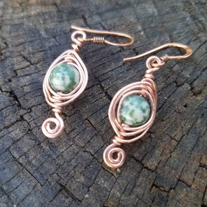 Copper Herringbone Earrings Green Tree Agate Earrings Copper Wire Wrap Earrings Green Gemstone Earrings Two Feathers Jewelry image 3