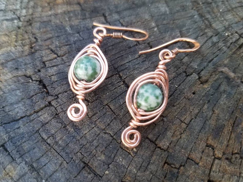 Copper Herringbone Earrings Green Tree Agate Earrings Copper Wire Wrap Earrings Green Gemstone Earrings Two Feathers Jewelry image 3
