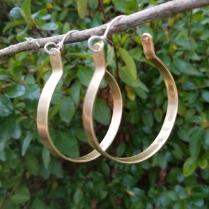 Large Brass Hoop Earrings Sterling Silver Ear Wires Flat Brass Hoops 2 Inch Hoops Gold Hoops Big Earrings Two Feathers Jewelry image 2