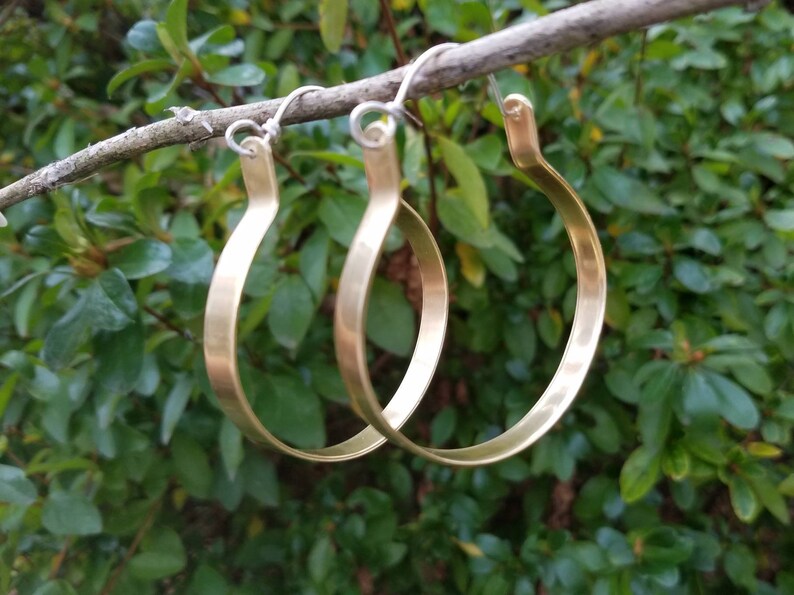 Large Brass Hoop Earrings Sterling Silver Ear Wires Flat Brass Hoops 2 Inch Hoops Gold Hoops Big Earrings Two Feathers Jewelry image 2