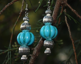 Turquoise And Silver Earrings - Native Inspired - Southwestern Style - Two Feathers Jewelry - Beaded Earrings