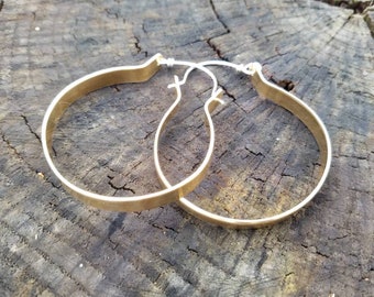 Large Brass Hoop Earrings - Sterling Silver Ear Wires - Flat Brass Hoops - 2 Inch Hoops - Gold Hoops - Big Earrings - Two Feathers Jewelry