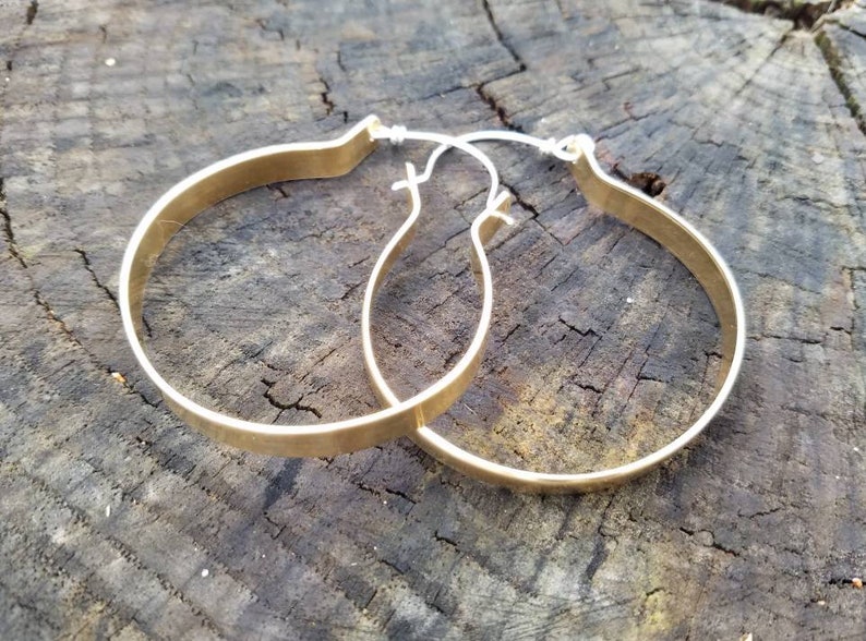 Large Brass Hoop Earrings Sterling Silver Ear Wires Flat Brass Hoops 2 Inch Hoops Gold Hoops Big Earrings Two Feathers Jewelry image 1