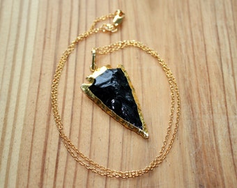 Gold Edged Obsidian Arrowhead Necklace With Gold Chain - Gold Necklace - Black Arrowhead Necklace - Two Feathers Jewelry