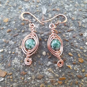 Copper Herringbone Earrings Green Tree Agate Earrings Copper Wire Wrap Earrings Green Gemstone Earrings Two Feathers Jewelry image 1