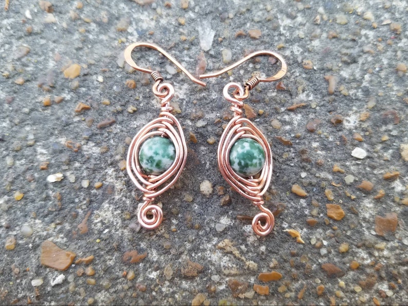 Copper Herringbone Earrings Green Tree Agate Earrings Copper Wire Wrap Earrings Green Gemstone Earrings Two Feathers Jewelry image 1