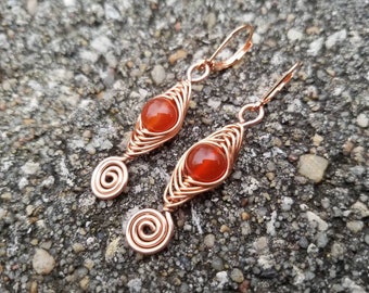 Carnelian Earrings - Copper Herringbone Earrings - Copper Wire Wrap Earrings - Semiprecious Gemstone Earrings - Spirals - Two Feathers