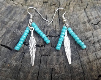 Turquoise Earrings - Silver Feather Earrings - Turquoise And Silver - Native American Inspired - Two Feathers Jewelry