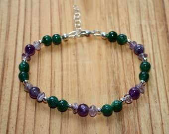 Amethyst Bracelet - Green Aventurine Bracelet - Natural Gemstone Bracelet - Sterling Silver Bracelet - February Birthstone - Beaded Bracelet