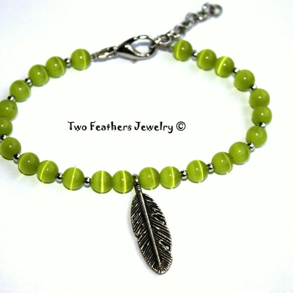 SALE! Lime Green Bracelet - Silver Feather Bracelet - Cat's Eye Glass Beaded Bracelet - Gift For Her - Boho Bracelet - Gift Under 20