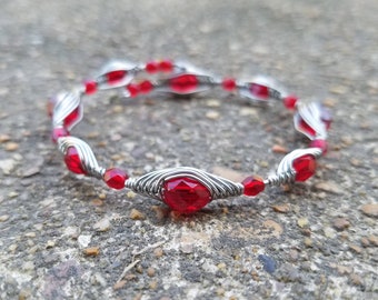 Ruby Red Bracelet / Herringbone Bracelet / Titatium Wire Wrapped Bracelet / Beaded Memory Wire Bangle Bracelet / Two Feathers Jewelry