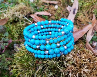 Turquoise Wrap Bracelet - Turquoise And Silver Bracelet - Southwestern Style - Sundance Style - Beaded Bracelet - Two Feathers Jewelry