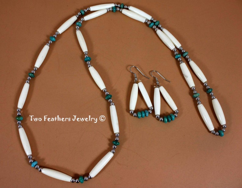 Turquoise And Bone Native American Style Necklace And Earrings Traditional Ancient Style Turquoise And Bone Hairpipe Jewelry