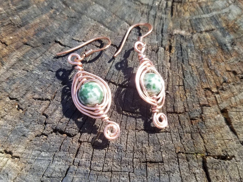 Copper Herringbone Earrings Green Tree Agate Earrings Copper Wire Wrap Earrings Green Gemstone Earrings Two Feathers Jewelry image 7