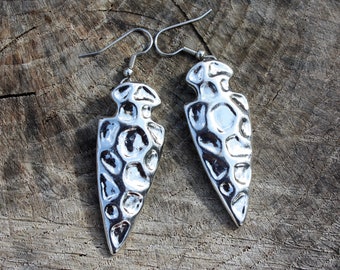 Silver Arrowhead Earrings - Arrowheads - Arrowhead Jewelry - Hammered Texture Tribal Arrow Earrings - Two Feathers Jewelry