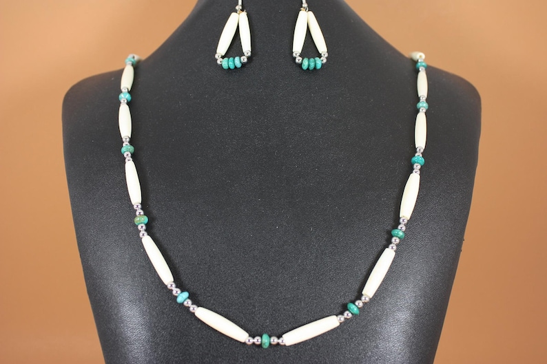 Turquoise And Bone Native American Style Necklace And Earrings Traditional Ancient Style Turquoise And Bone Hairpipe Jewelry