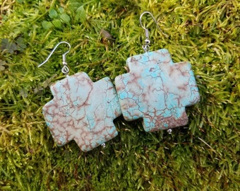 Turquoise Cross Earrings - Turquoise Magnesite Earrings - Southwestern Native American Style - Cowgirl Western Earrings - Two Feathers