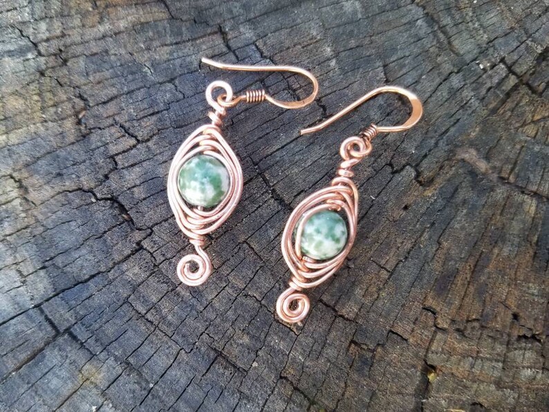 Copper Herringbone Earrings Green Tree Agate Earrings Copper Wire Wrap Earrings Green Gemstone Earrings Two Feathers Jewelry image 6