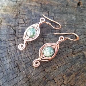 Copper Herringbone Earrings Green Tree Agate Earrings Copper Wire Wrap Earrings Green Gemstone Earrings Two Feathers Jewelry image 8