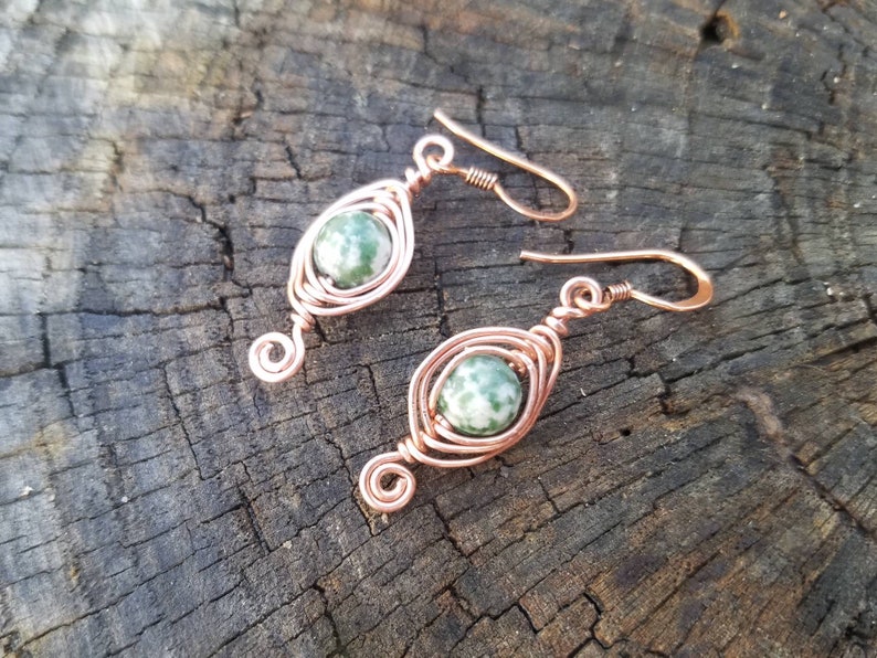 Copper Herringbone Earrings Green Tree Agate Earrings Copper Wire Wrap Earrings Green Gemstone Earrings Two Feathers Jewelry image 8