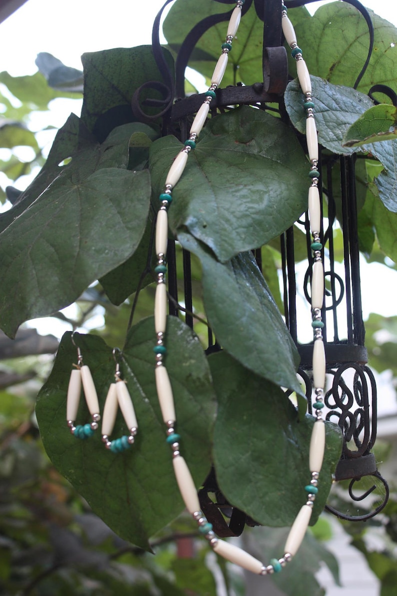 Turquoise And Bone Native American Style Necklace And Earrings Traditional Ancient Style Turquoise And Bone Hairpipe Jewelry