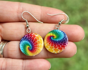 Rainbow Earrings - Rainbow Swirl Earrings - Rainbow Discs - Psychedelic Earrings - Two Feathers Jewelry