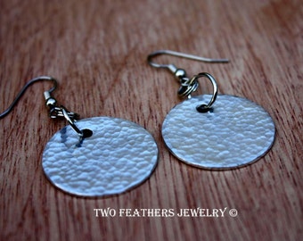 Silver Earrings - Silver Disc Earrings With Hammered Finish - Two Feathers Jewelry Hammered Silver Earrings