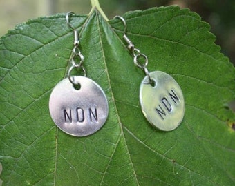 NDN Earrings - Hand Stamped Earrings - Native American Inspired - Native Pride - Round Disc Earrings - Stamped Discs - Two Feathers Jewelry