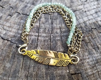 Gold Feather Bracelet - Gold Chain Bracelet - Boho Bracelet - Mint Green Bracelet - Multi Strand Bracelet - Two Feathers Jewelry