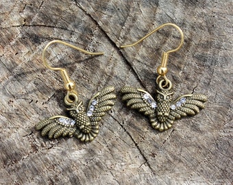 Owl Earrings - Crystal Owls - Gold Earrings - Crystal Earrings - Bird Earrings - Gold Owl Earrings - Two Feathers Jewelry