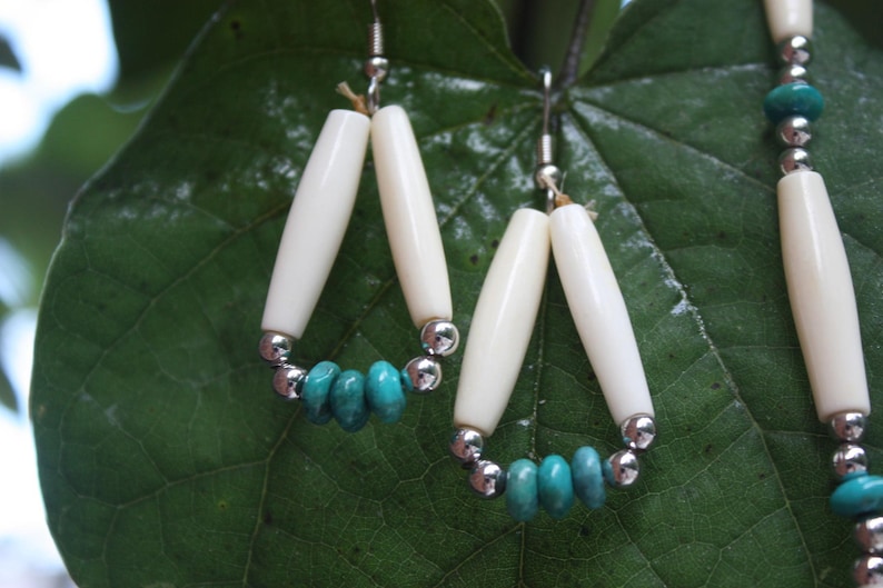 Turquoise And Bone Native American Style Necklace And Earrings Traditional Ancient Style Turquoise And Bone Hairpipe Jewelry